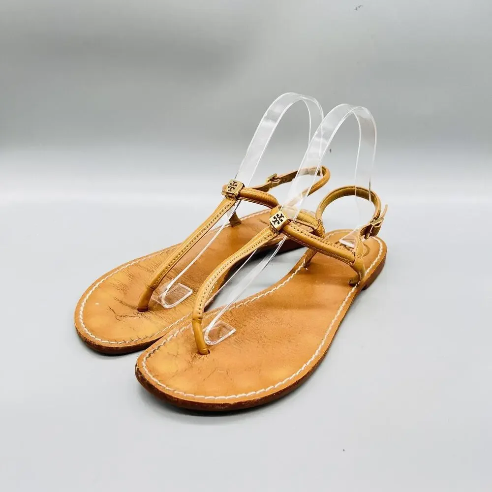 Tory Burch Sandals Womens 7 Beige Leather Thong Ankle Strap Logo Flat Shoes